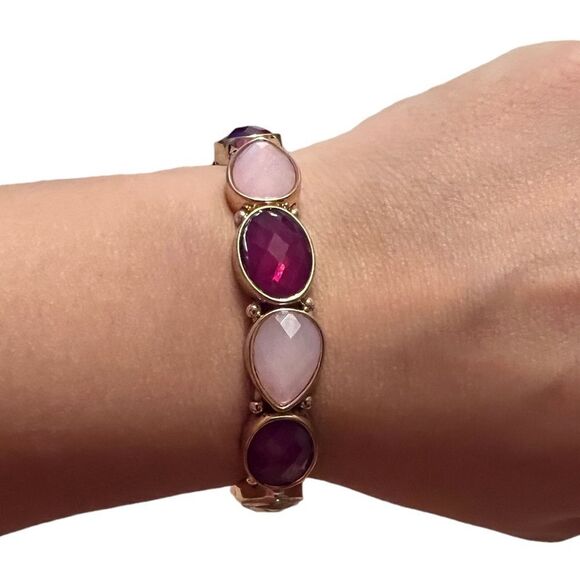 Pink Purple Champagne Rhinestone Gold Tone Stretch Bracelet - Picture 3 of 4